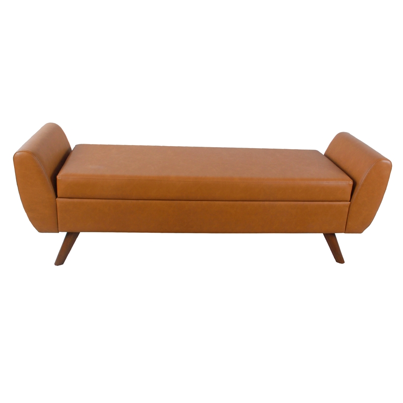 Benjara Rae Storage Bench Ottoman with Arms- Brown Faux Leather- Wood- 60 Inch