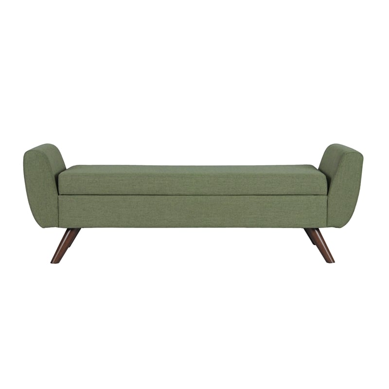 Benjara Rae Storage Bench Ottoman with Arms- Olive Green Woven Fabric- 60 Inch