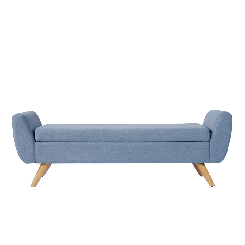 Benjara Rae Storage Bench Ottoman with Arms- French Blue Woven Fabric- 60 Inch