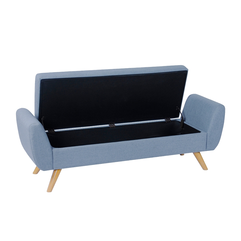 Benjara Rae Storage Bench Ottoman with Arms- French Blue Woven Fabric- 60 Inch