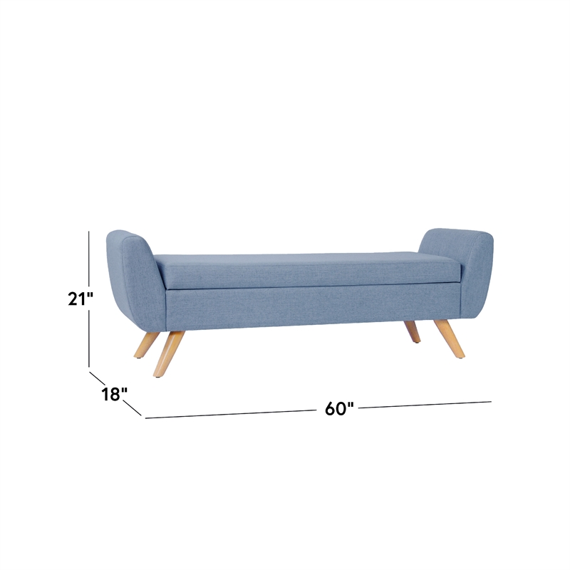 Benjara Rae Storage Bench Ottoman with Arms- French Blue Woven Fabric- 60 Inch