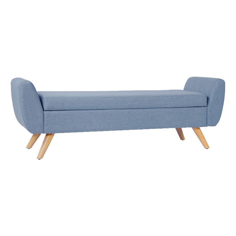 Benjara Rae Storage Bench Ottoman with Arms- French Blue Woven Fabric- 60 Inch