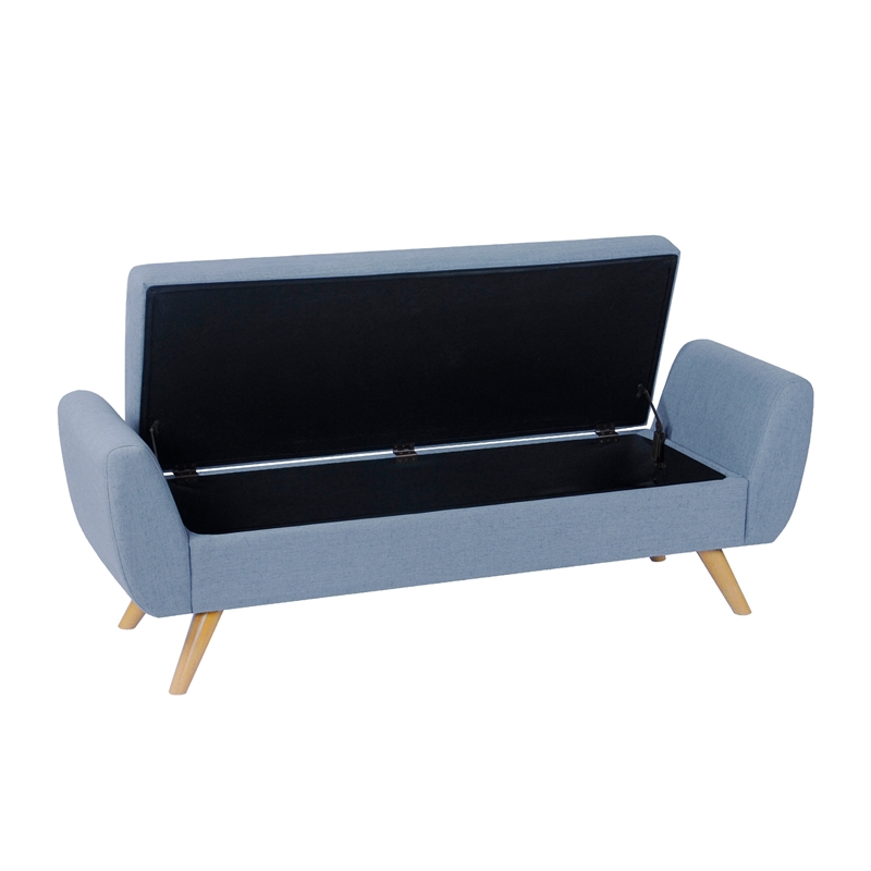 Benjara Rae Storage Bench Ottoman with Arms- French Blue Woven Fabric- 60 Inch
