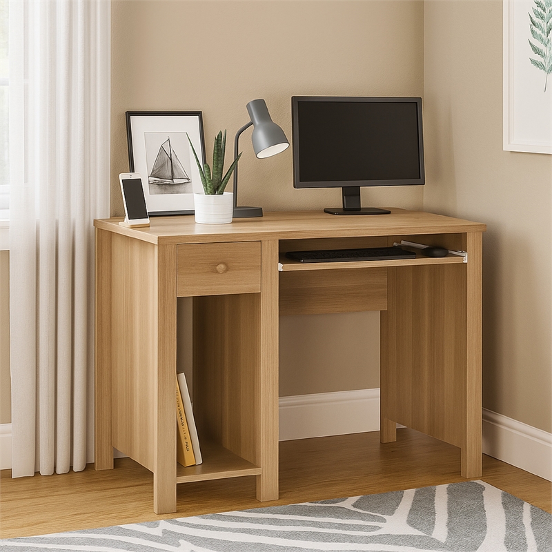 Benjara Akol Computer Desk- Keyboard Drawer and Storage- 39 Inch- Dark Taupe