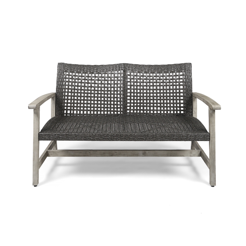 Benjara Bops Outdoor Loveseat- Rustic Acacia Wood Frame- 52 Inch- Gray Wicker