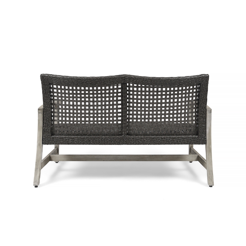 Benjara Bops Outdoor Loveseat- Rustic Acacia Wood Frame- 52 Inch- Gray Wicker