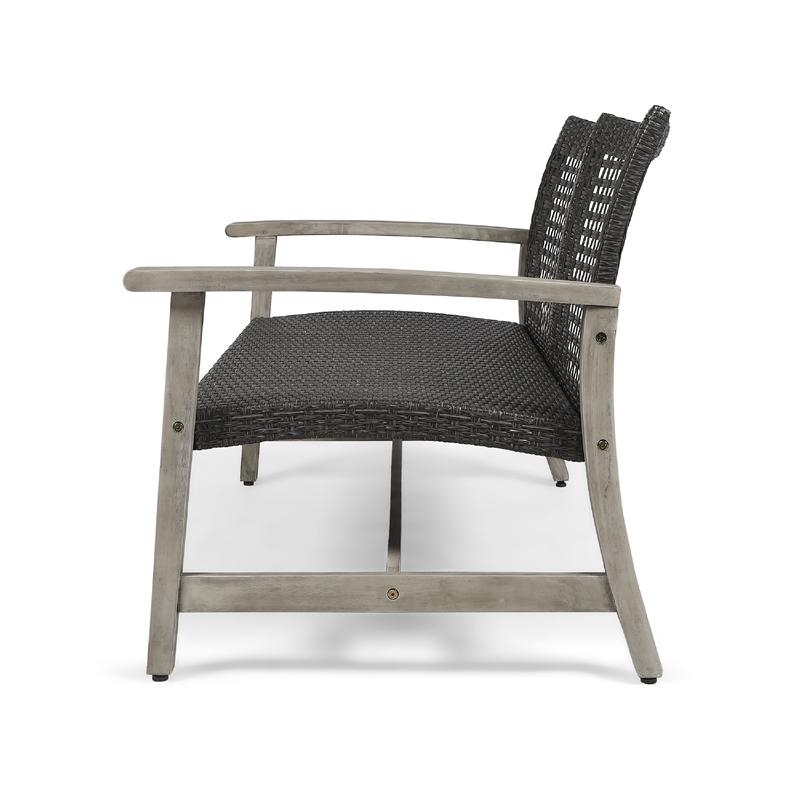 Benjara Bops Outdoor Loveseat- Rustic Acacia Wood Frame- 52 Inch- Gray Wicker