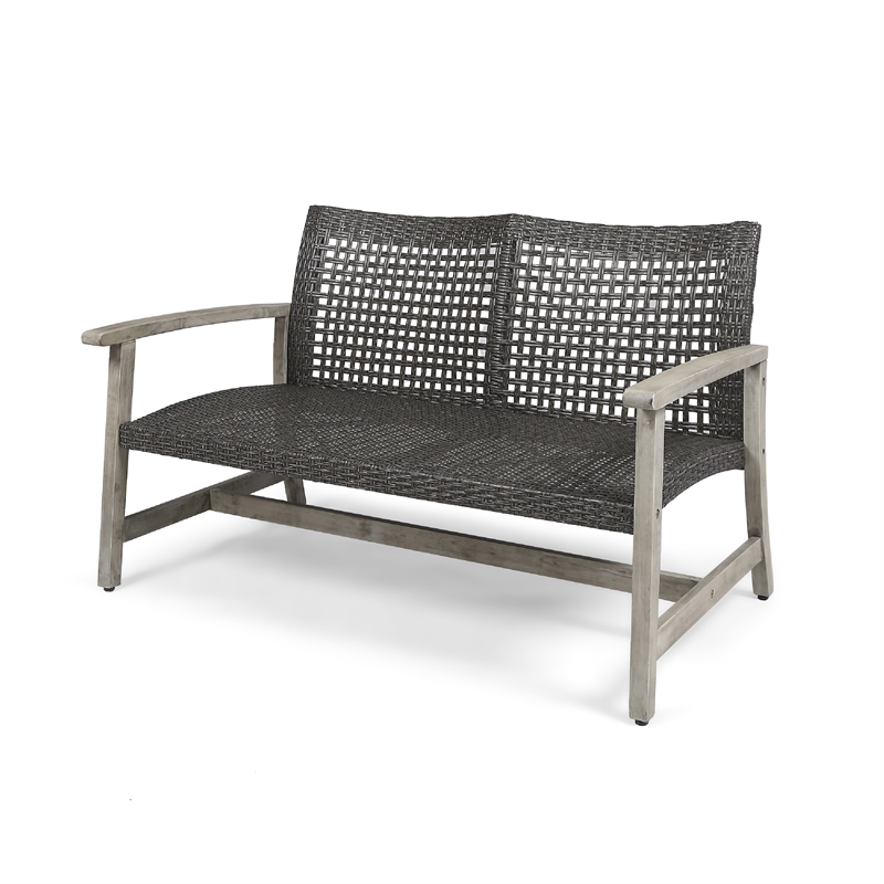 Benjara Bops Outdoor Loveseat- Rustic Acacia Wood Frame- 52 Inch- Gray Wicker