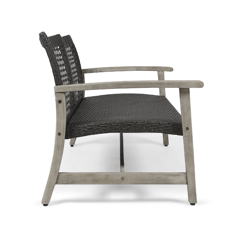 Benjara Bops Outdoor Loveseat- Rustic Acacia Wood Frame- 52 Inch- Gray Wicker
