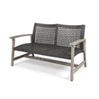 Benjara Bops Outdoor Loveseat- Rustic Acacia Wood Frame- 52 Inch- Gray Wicker