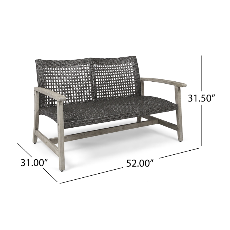 Benjara Bops Outdoor Loveseat- Rustic Acacia Wood Frame- 52 Inch- Gray Wicker