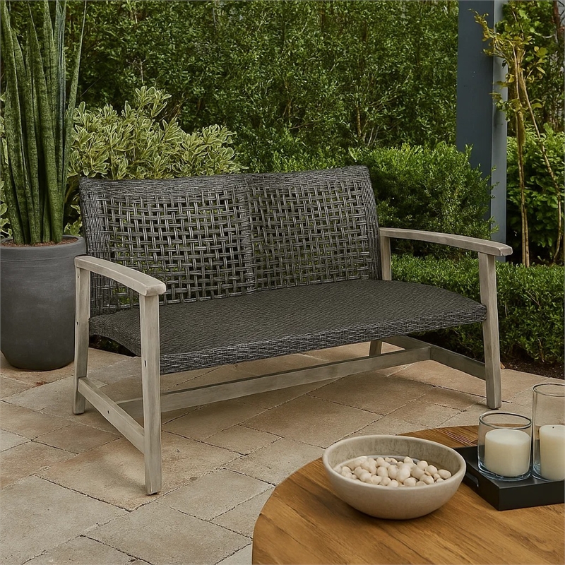 Benjara Bops Outdoor Loveseat- Rustic Acacia Wood Frame- 52 Inch- Gray Wicker