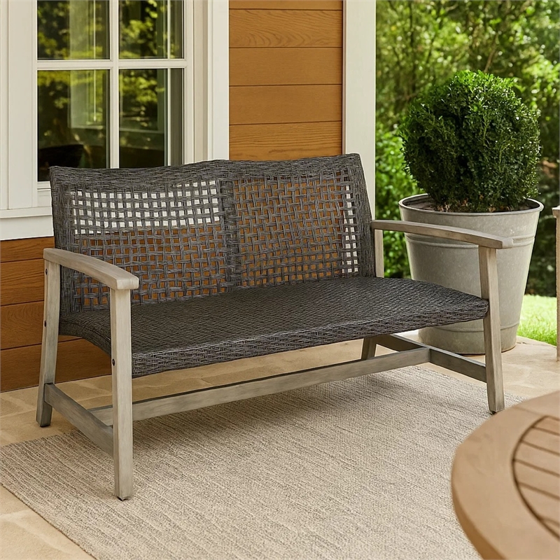 Benjara Bops Outdoor Loveseat- Rustic Acacia Wood Frame- 52 Inch- Gray Wicker