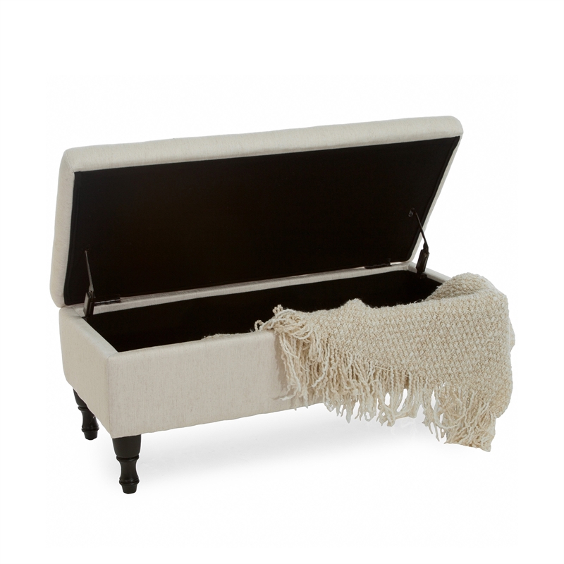 Benjara Kiyo Ottoman- Linen Ivory Faux Suede- 41 Inch- Tufted Storage Lid