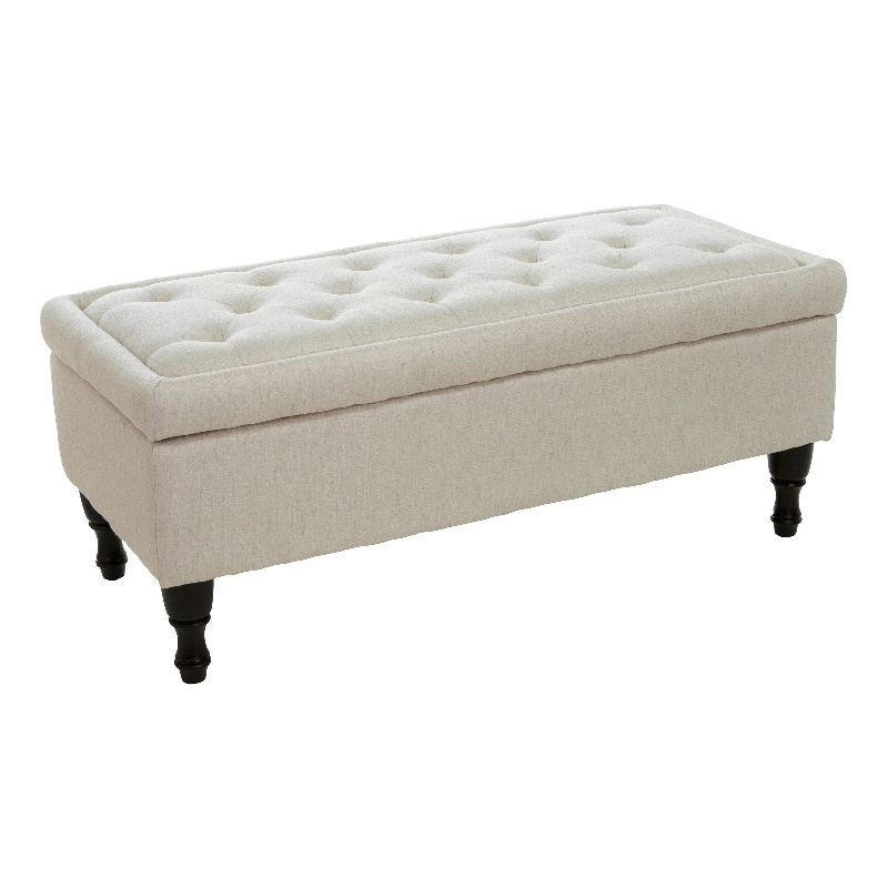 Benjara Kiyo Ottoman- Linen Ivory Faux Suede- 41 Inch- Tufted Storage Lid