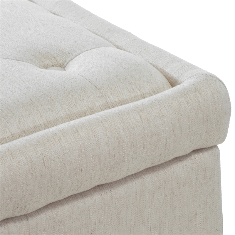 Benjara Kiyo Ottoman- Linen Ivory Faux Suede- 41 Inch- Tufted Storage Lid