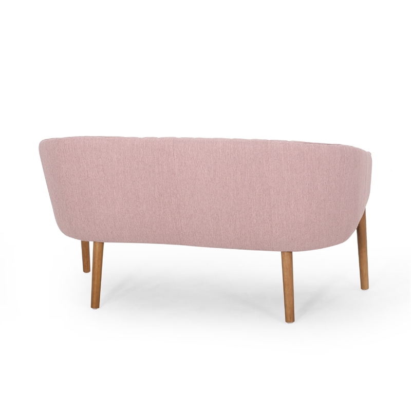 Benjara Fery Loveseat- Blush Pink Fabric Channel Stitched Back- Brown 55 Inch