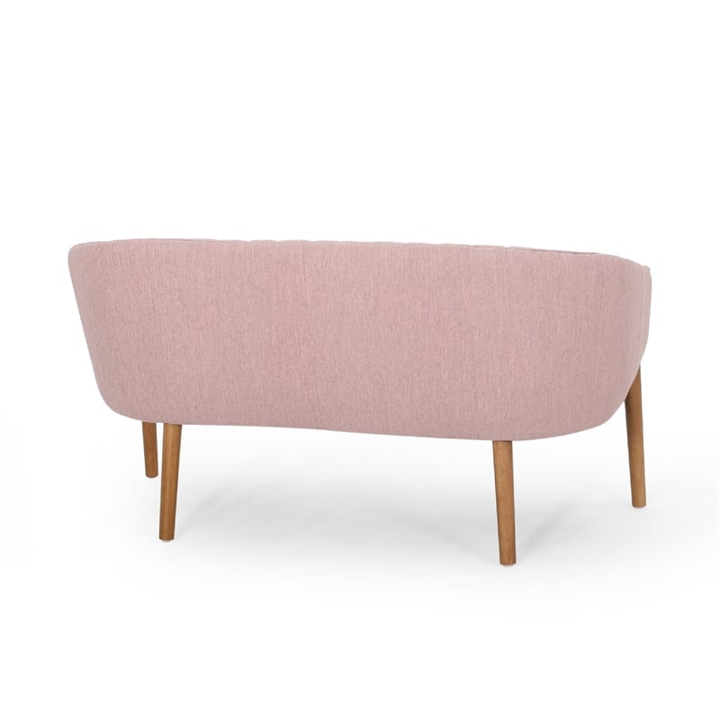 Benjara Fery Loveseat- Blush Pink Fabric Channel Stitched Back- Brown 55 Inch