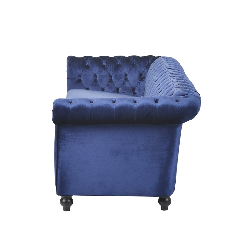 Benjara Nisy 3 Seater Sofa- Chesterfield Dark Blue Velvet Tufted Back- 85 Inch