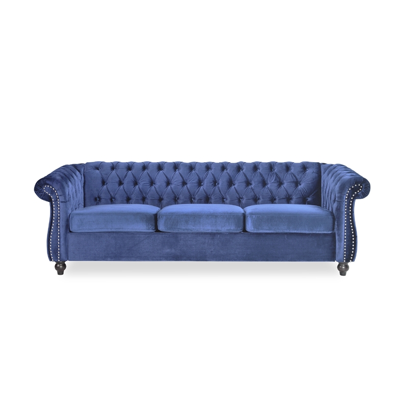 Benjara Nisy 3 Seater Sofa- Chesterfield Dark Blue Velvet Tufted Back- 85 Inch
