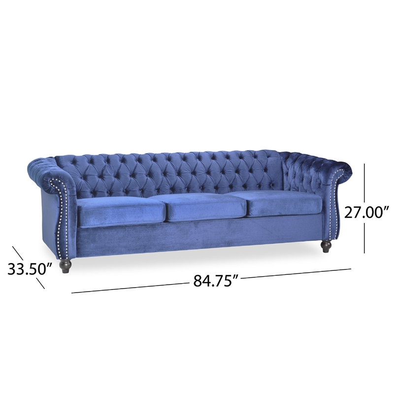Benjara Nisy 3 Seater Sofa- Chesterfield Dark Blue Velvet Tufted Back- 85 Inch