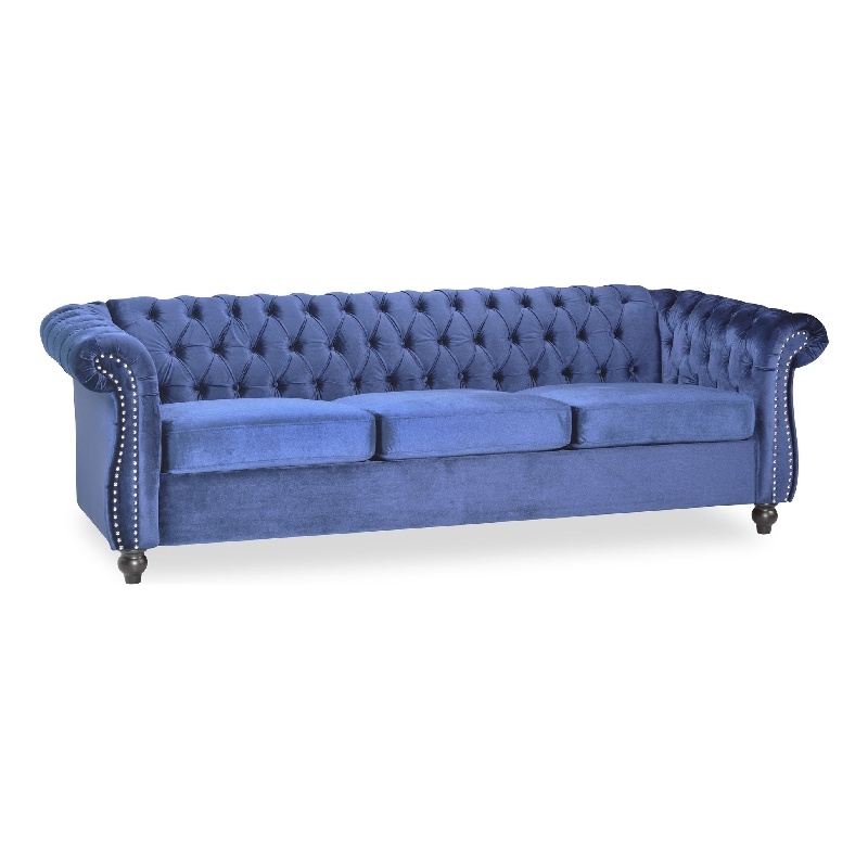 Benjara Nisy 3 Seater Sofa- Chesterfield Dark Blue Velvet Tufted Back- 85 Inch