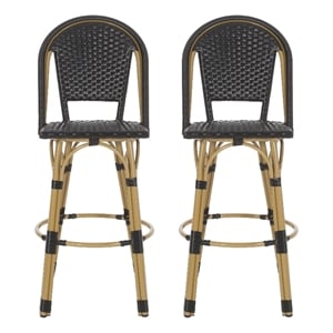 Benjara Gomy Outdoor Barstool Chair Set of 2- Black Wicker- Brown Aluminum