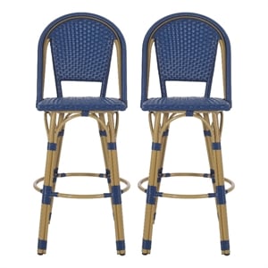 Benjara Gomy Outdoor Barstool Char Set of 2- Blue Wicker Woven- Brown Aluminum