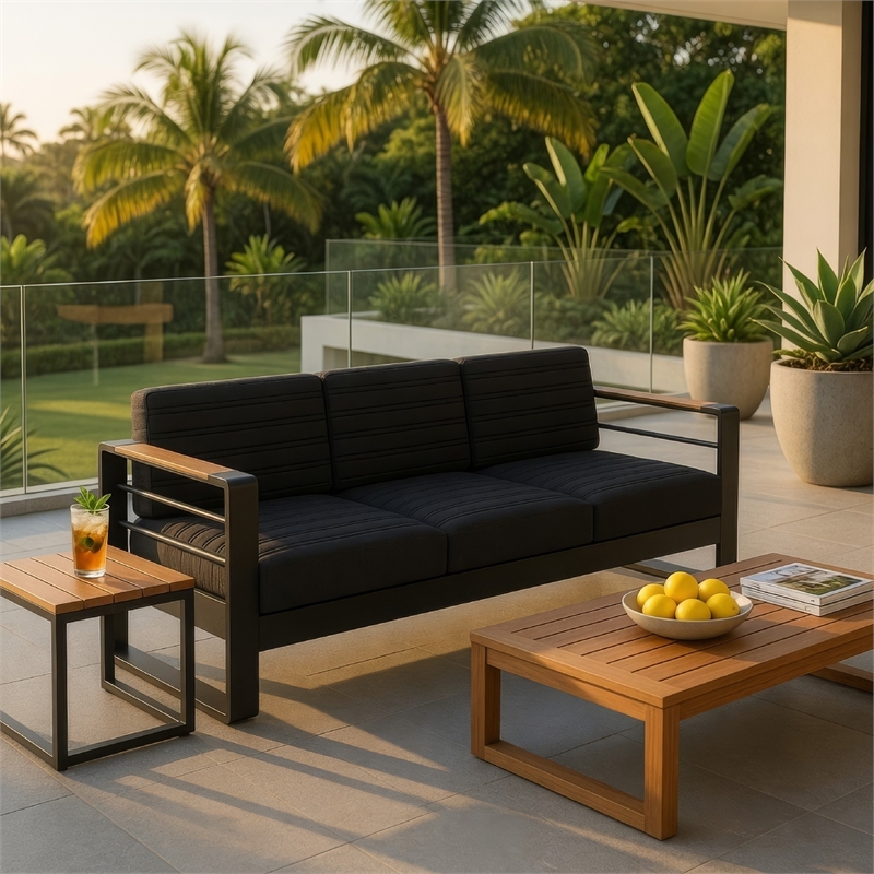 Benjara Vinia 3 Seater Outdoor Sofa- Plush Cushions- 77