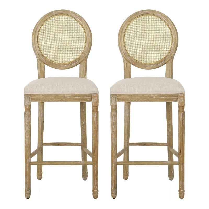 Benjara Barstool Chair Set of 2- Beige Cushion and Natural Brown Rattan Back