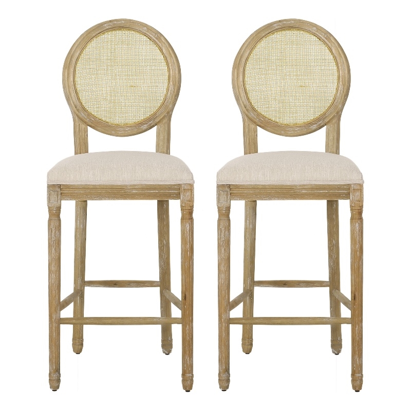 Benjara Barstool Chair Set of 2- Beige Cushion and Natural Brown Rattan Back