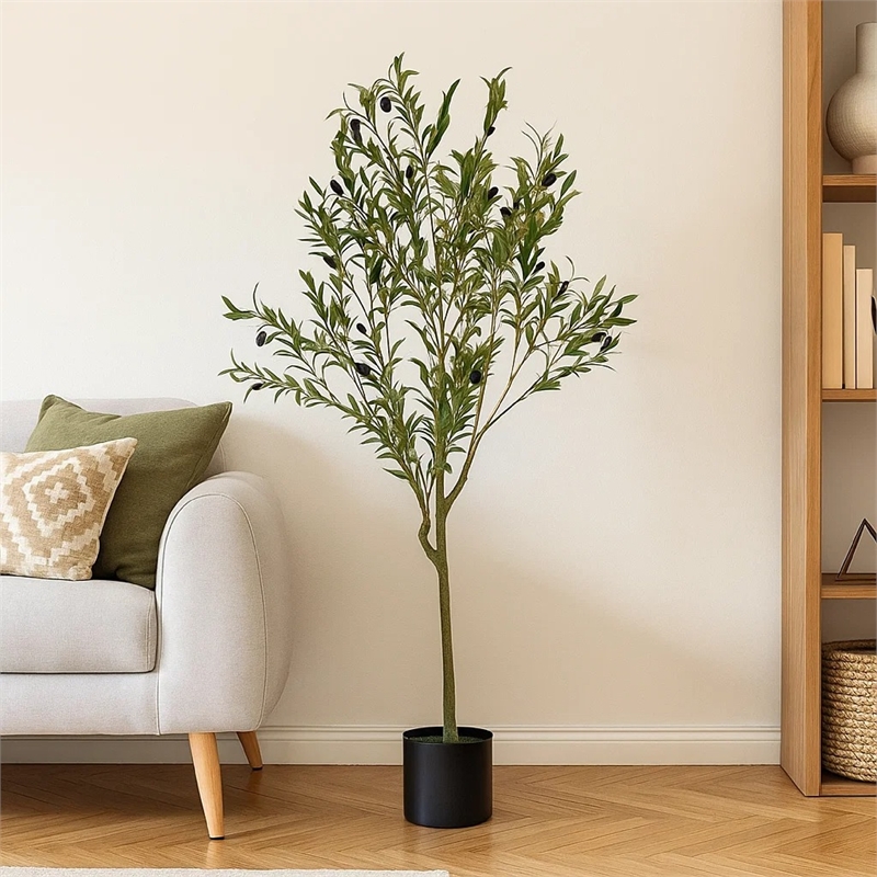 Benjara Vina Artificial Olive Tree- Realistic Green Silk Leaves- 47 Inch