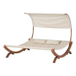 Benjara Akki Modern Sunbed with Removable Canopy- Teak Wood and Beige Fabric