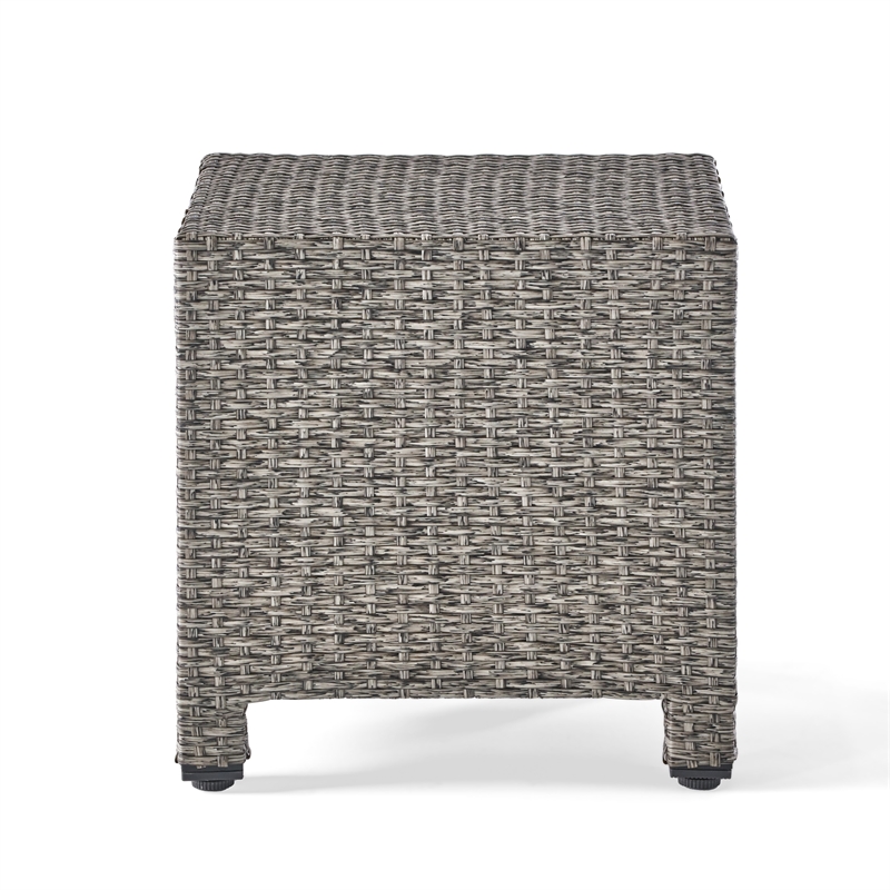 Benjara Perie Outdoor Accent Table- Gray Faux Rattan- Iron Frame- 18 Inch