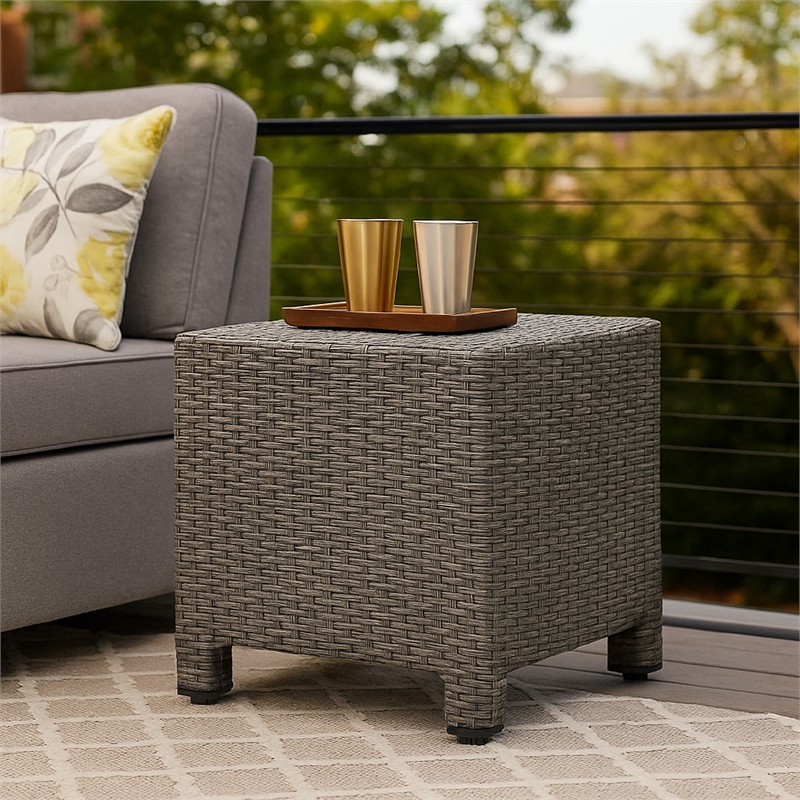 Benjara Perie Outdoor Accent Table- Gray Faux Rattan- Iron Frame- 18 Inch