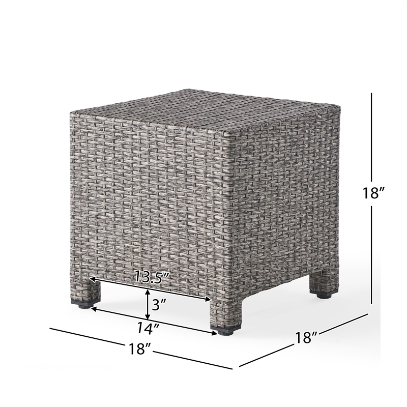 Benjara Perie Outdoor Accent Table- Gray Faux Rattan- Iron Frame- 18 Inch