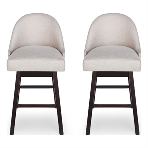 Benjara Swivel Barstool Chair Set of 2- Wheat Beige Fabric- Black Rubberwood