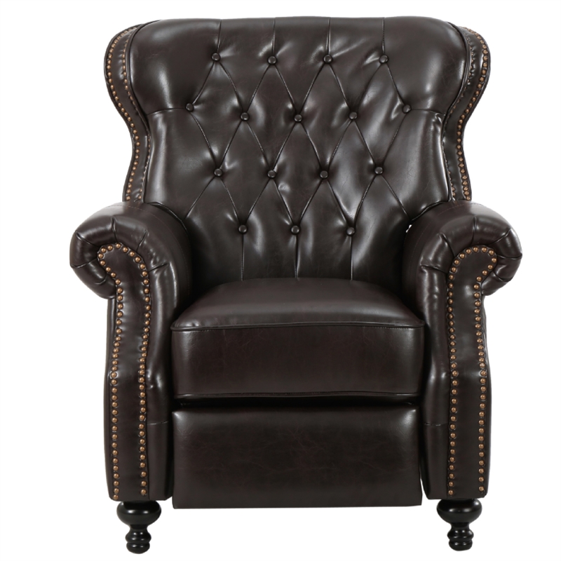 Benjara Kir Manual Recliner Chair- Rich Tufted Back Dark Brown Faux Leather