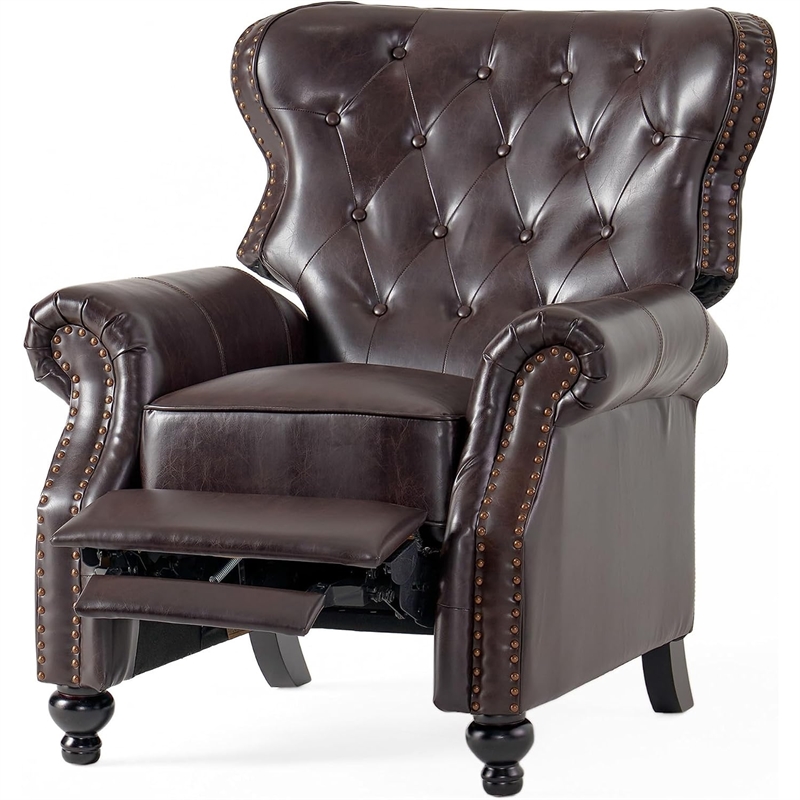 Benjara Kir Manual Recliner Chair- Rich Tufted Back Dark Brown Faux Leather