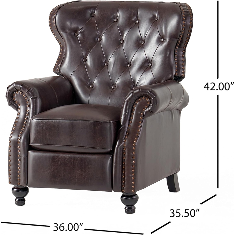 Benjara Kir Manual Recliner Chair- Rich Tufted Back Dark Brown Faux Leather