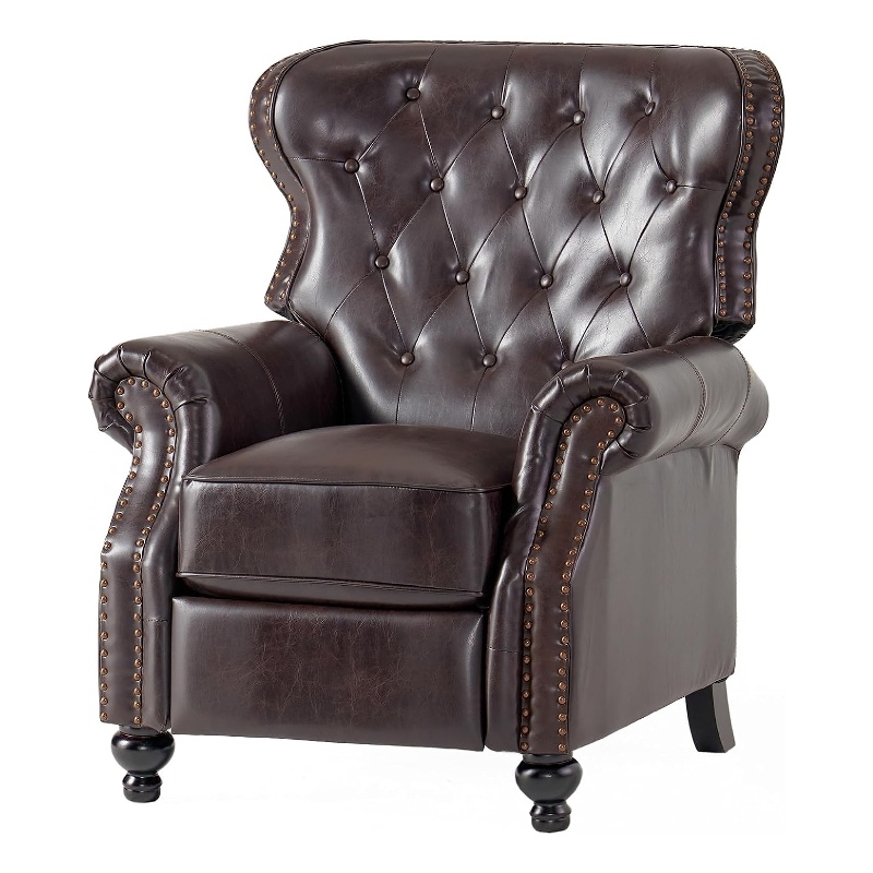 Benjara Kir Manual Recliner Chair- Rich Tufted Back Dark Brown Faux Leather