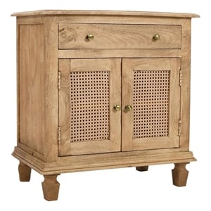 Benjara 30&quot NightStand Table- Rattan Cabinet Doors & Drawer -Brown Mango Wood