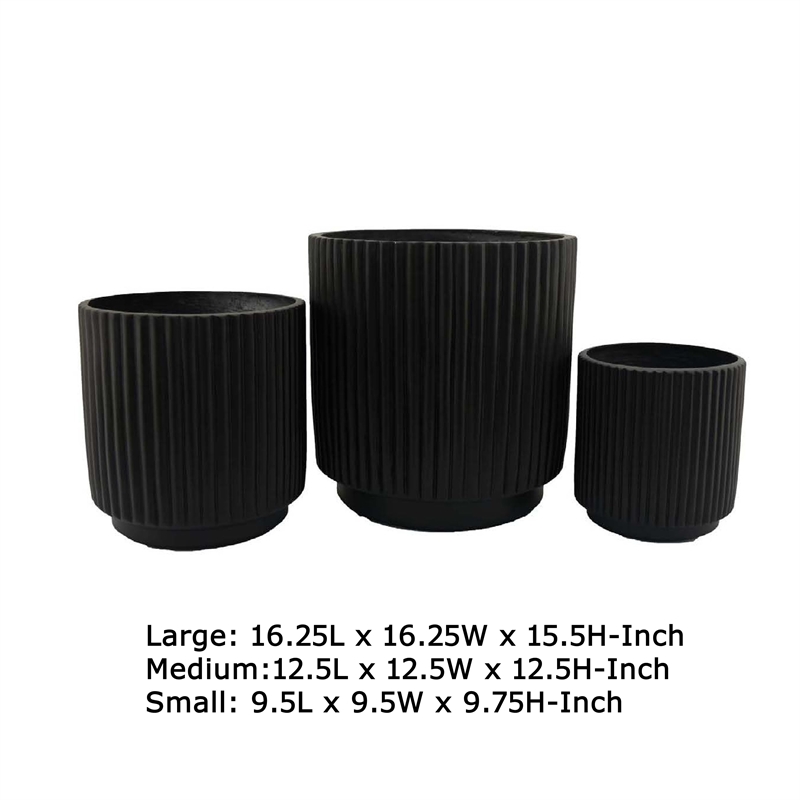 Benjara Elly Round Planter Set of 3- Ribbed Texture Black Resin- 16-12-9 Inch