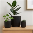 Benjara Elly Round Planter Set of 3- Ribbed Texture Black Resin- 16-12-9 Inch