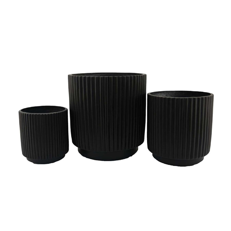 Benjara Elly Round Planter Set of 3- Ribbed Texture Black Resin- 16-12-9 Inch