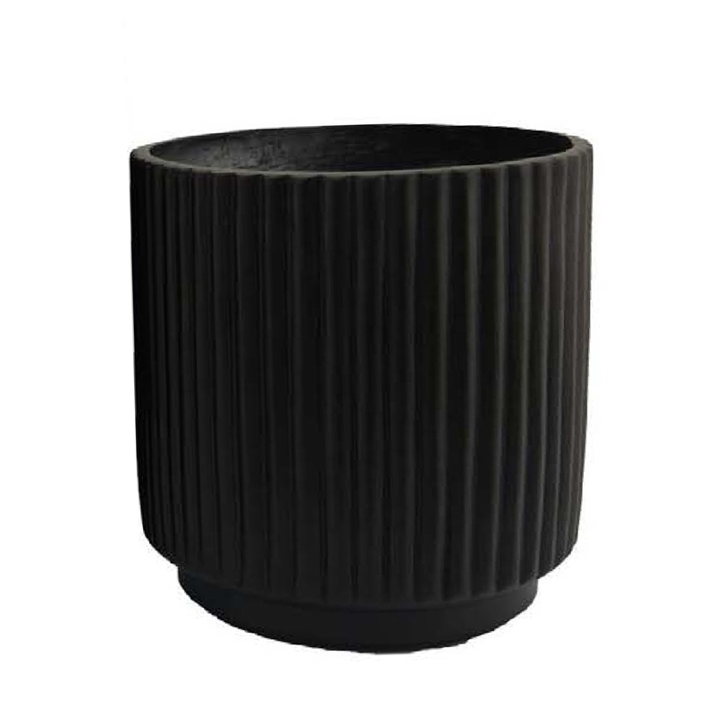 Benjara Elly Round Planter Set of 3- Ribbed Texture Black Resin- 16-12-9 Inch