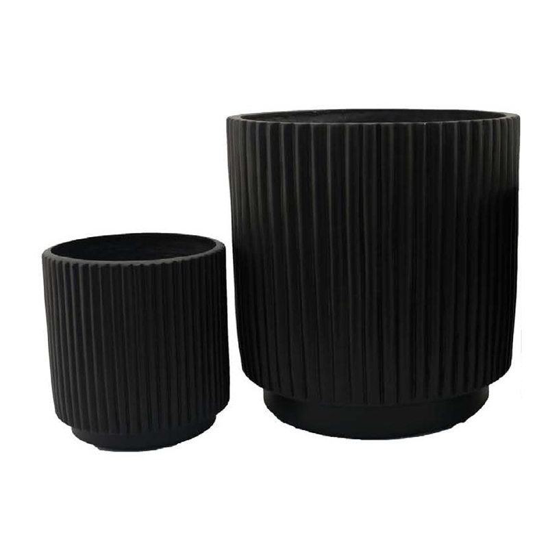 Benjara Elly Round Planter Set of 3- Ribbed Texture Black Resin- 16-12-9 Inch