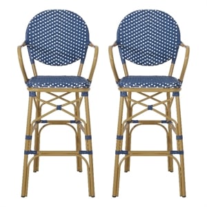 Benjara Lyam Set of 2 Outdoor Barstool Chair- Navy Blue Wicker- Brown Aluminum