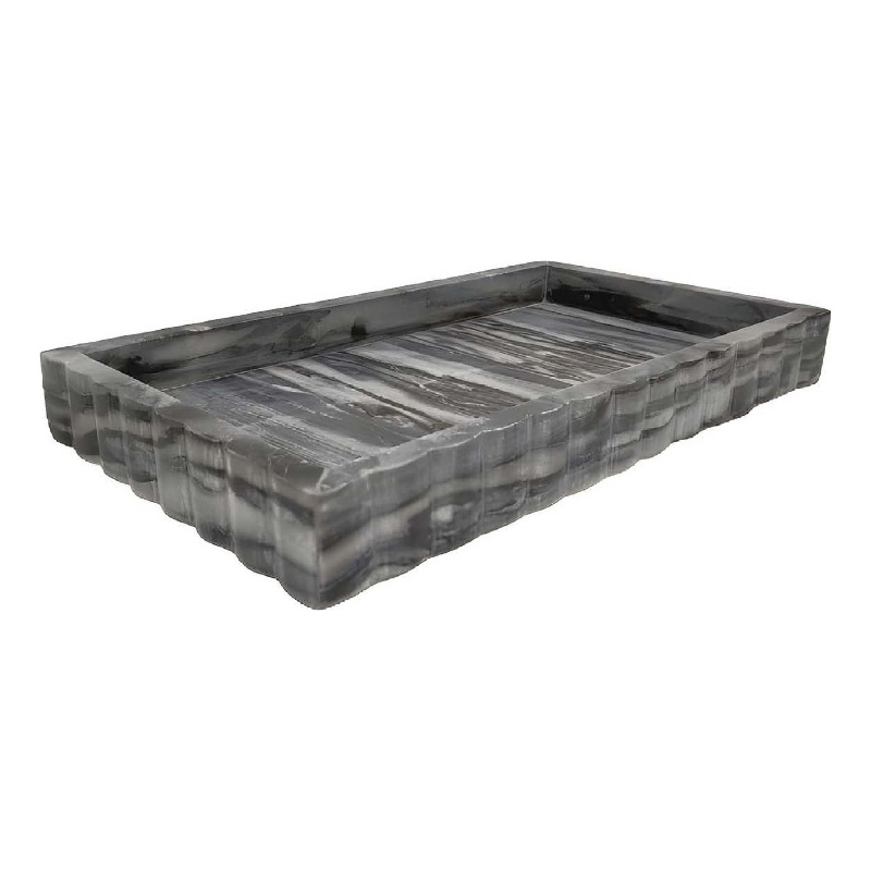 Benjara Myla Decorative Marble Tray- Subtle Gray Scalloped Edges- 14 Inch