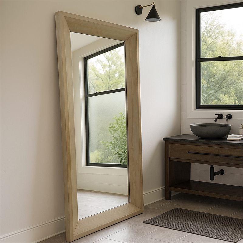 Benjara Cisy Floor Mirror- 75 Inch- Light Oak Brown Wood Rectangular Frame
